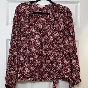 LOFT Floral V-Neck Blouse - Red, Black, and White